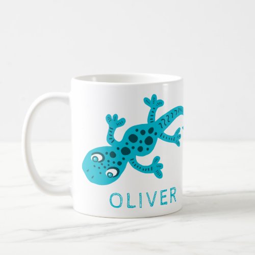 Cute Blue Gecko Lizard Kids Name Coffee Mug - Cute Blue Gecko Lizard Kids Name Coffee Mug. Hand-drawn gecko in blue with dark spots. Personalize with your name. Great for kids who love geckos and animals.