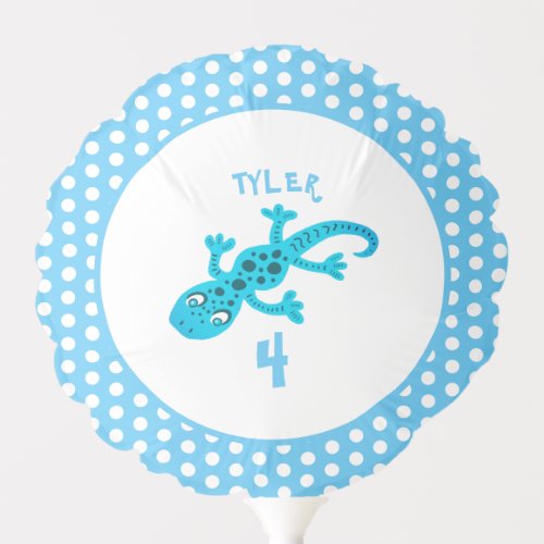 Cute Blue Gecko Lizard Polka Dot Birthday Balloon - The balloon has a blue gecko with dark spots. The background is blue with a white polka dot pattern. Personalize the balloon with the child's name and age. Great for a kid`s birthday celebration.