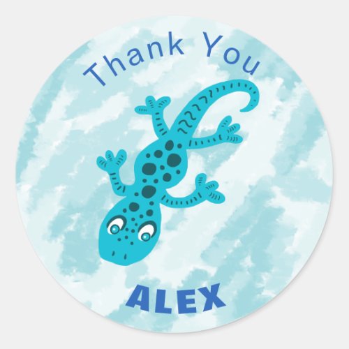 Cute Blue Gecko Lizard Thank You Name Classic Round Sticker - This sticker comes with cute little blue teddy bear, Thank you text and a name. It`s perfect for children celebrations. You can personalize the sticker by changing the name and also change the font, size and the colour of the text.