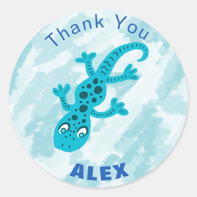 Cute Blue Gecko Lizard Thank You Name Classic Round Sticker (Front)