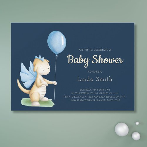 Cute Blue Gender Neutral Dragon Baby Shower Invitation