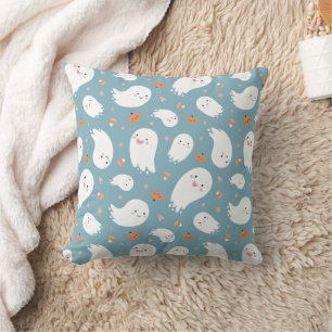 Cute Blue Ghost and Pumpkin  Throw Pillow
