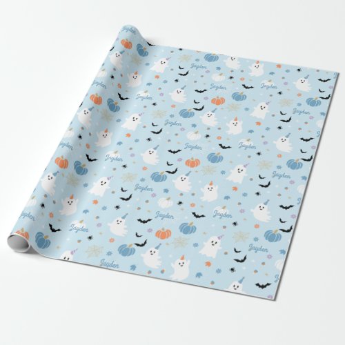 Cute Blue Ghost Halloween With Personalized Name Wrapping Paper