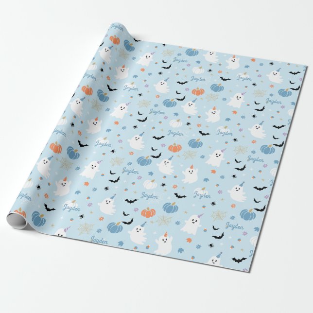 Cute Blue Ghost Halloween With Personalized Name Wrapping Paper (Unrolled)
