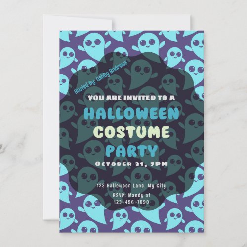 Cute Blue Ghosts Purple Background Halloween Invitation
