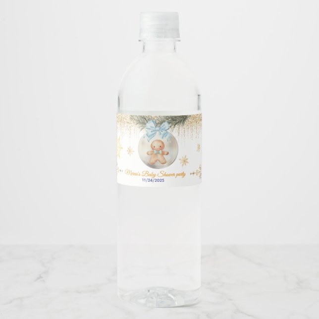Cute  blue Gingerbread  boy  Christmas Baby  Water Bottle Label (Front)