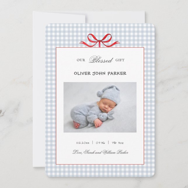Cute Blue gingham baby boy Holiday Birth  Announcement (Front)