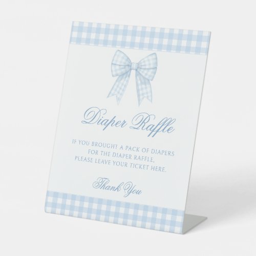 Cute blue gingham bow baby boy diaper raffle pedestal sign