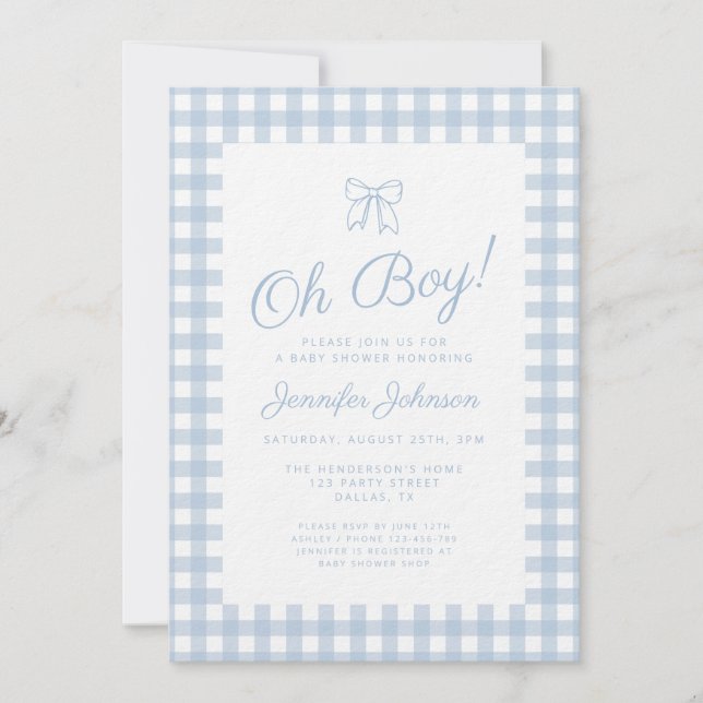 Cute Blue Gingham Bow Boy Baby Shower Invitation (Front)