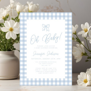 Cute Blue Gingham Bow Boy Oh Baby Shower Invitation