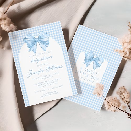 Cute blue gingham bow ribbon arch baby boy shower invitation