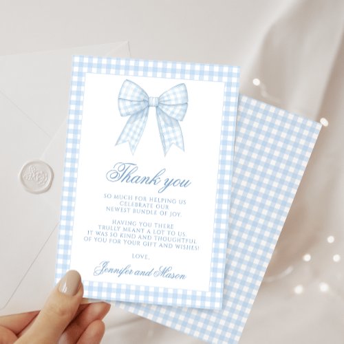 Cute blue gingham bow ribbon baby shower thank you card