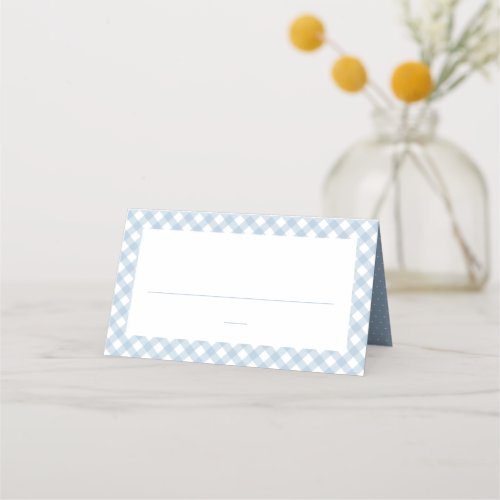 Cute blue gingham check simple boy baby shower place card