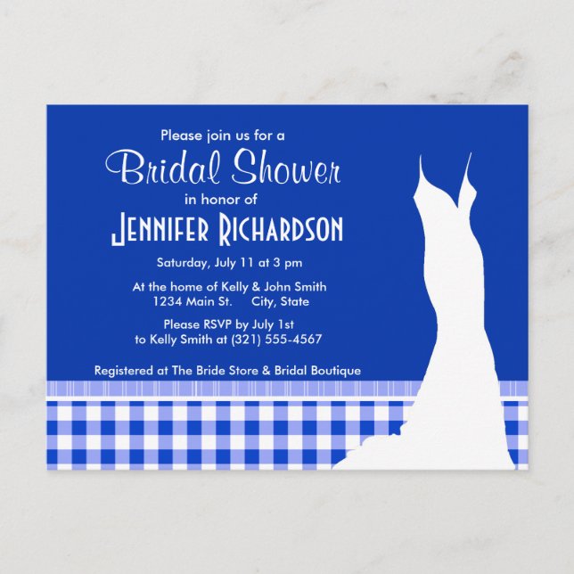 Cute Blue Gingham; Checkered Invitation Postcard (Front)