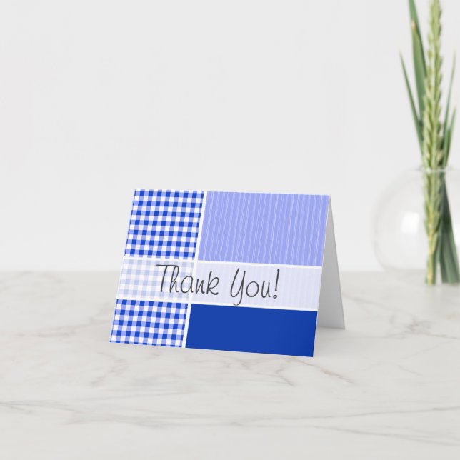 Cute Blue Gingham; Checkered Letterpress Thank You Card (Front)