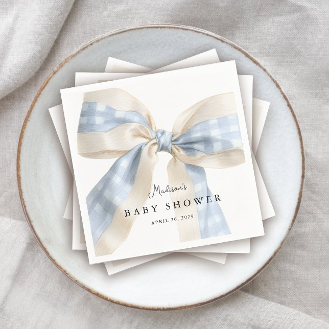 Cute Blue Gingham Checks Bow Baby Shower Napkins (Creator Uploaded)