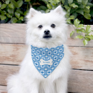 Cute Blue Gingham Paw Prints Personalized Pet Bandana Collar