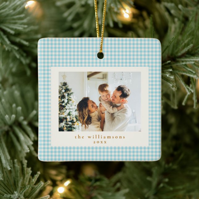 Cute Blue Gingham Plaid Custom Photo Christmas Ceramic Ornament (Tree)