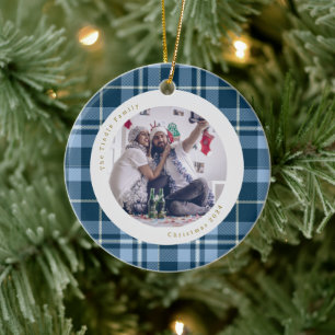 Cute Blue Gingham Plaid Family Photo Christmas Ceramic Ornament