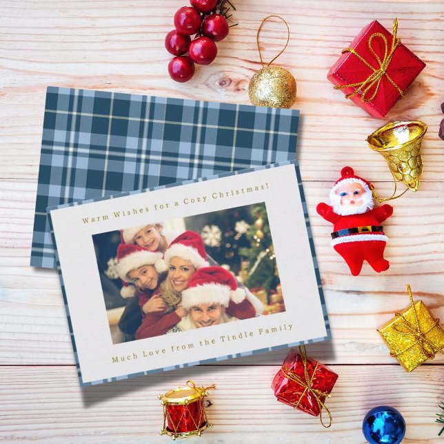 Cute Blue Gingham Plaid Family Photo Christmas Holiday Card (Blue Gingham Plaid Single Photo Christmas Holiday Greeting Card)