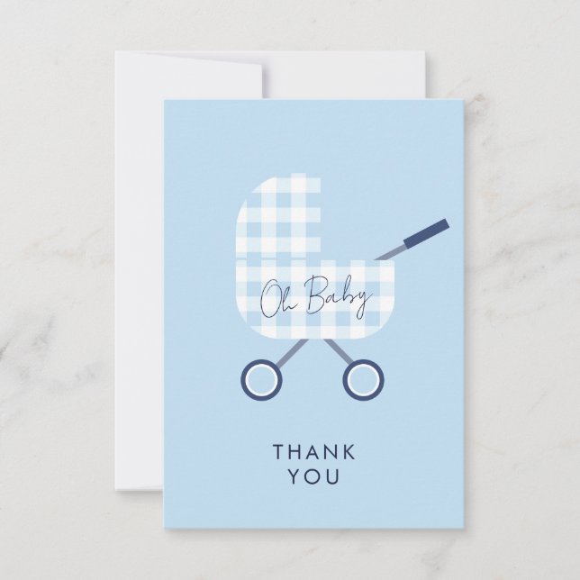 Cute Blue Gingham Pram Baby Shower Thank You (Front)