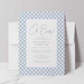 Cute blue gingham simple baby shower invitation