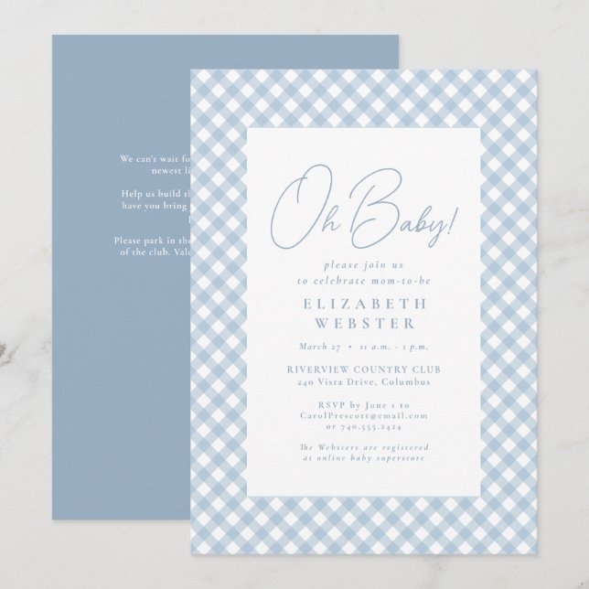 Cute blue gingham simple baby shower invitation (Front/Back)