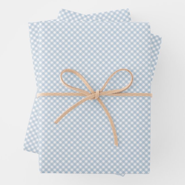 Cute blue gingham simple classic baby wrapping paper sheets (In situ)
