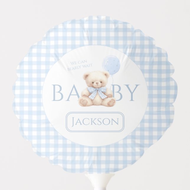 Cute Blue Gingham Teddy Bear Baby Boy Gift Balloon (Front)