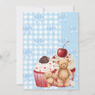Cute Blue Gingham Teddy Bear & Ribbon  Invitation