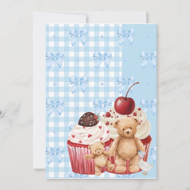 Cute Blue Gingham Teddy Bear & Ribbon  Invitation (Front)