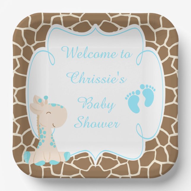 Cute Blue Giraffe Baby Shower Paper Plates (Front)