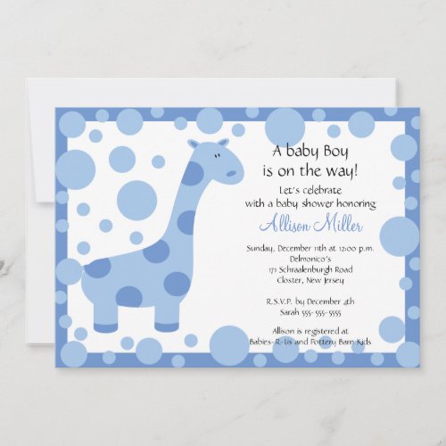 Cute Blue Giraffe Boy Baby Shower Invitation