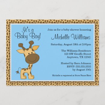 Cute Blue Giraffe Boy Baby Shower Invitation by WhimsicalPrintStudio at Zazzle