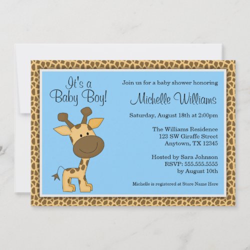 Cute Blue Giraffe Boy Baby Shower Invitation