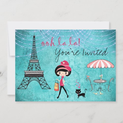 Cute Blue Girl and Cat Paris Birthday Invitation