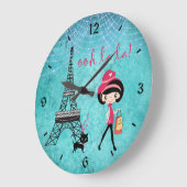 Cute Blue Girl, Cat and Eiffel Tower Paris Clock (Angle)