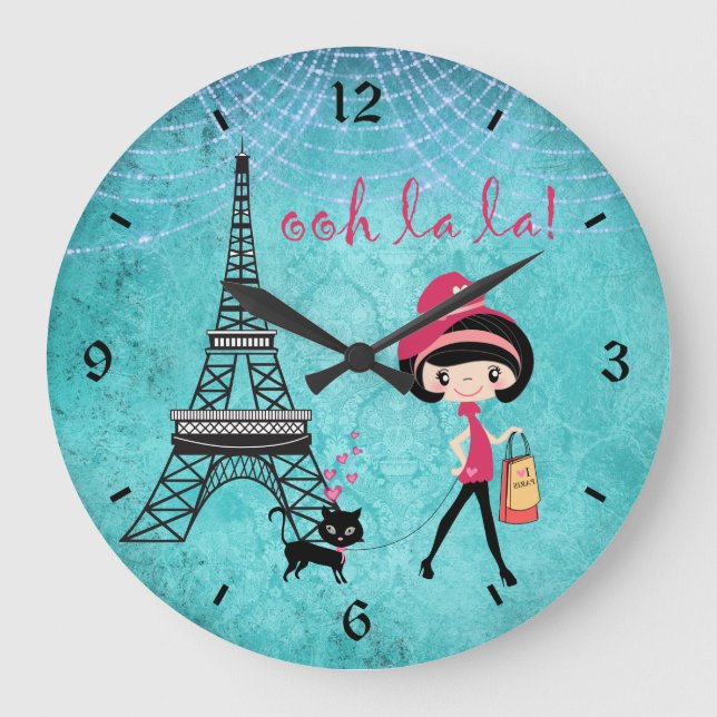 Cute Blue Girl, Cat and Eiffel Tower Paris Clock (Front)