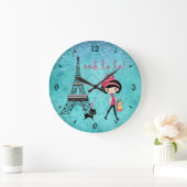 Cute Blue Girl, Cat and Eiffel Tower Paris Clock (Home)