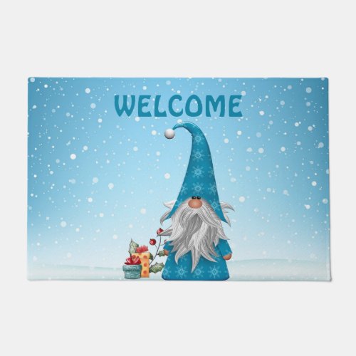 Cute Blue Gnome Christmas Decor Doormat