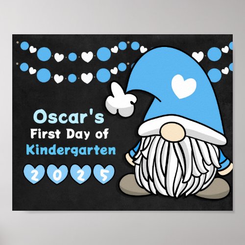Cute Blue Gnome First Day of School Chalkboard Poster