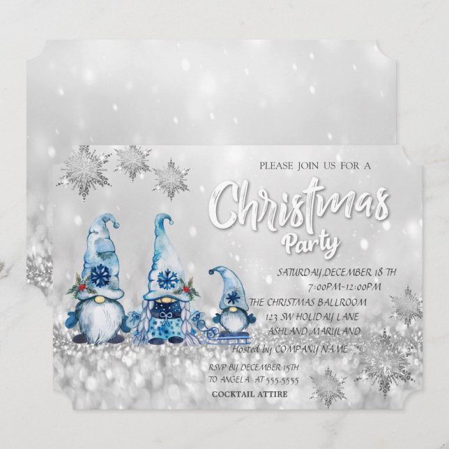 Cute Blue Gnomes Bokeh Corporate Christmas Party  Invitation (Front/Back)