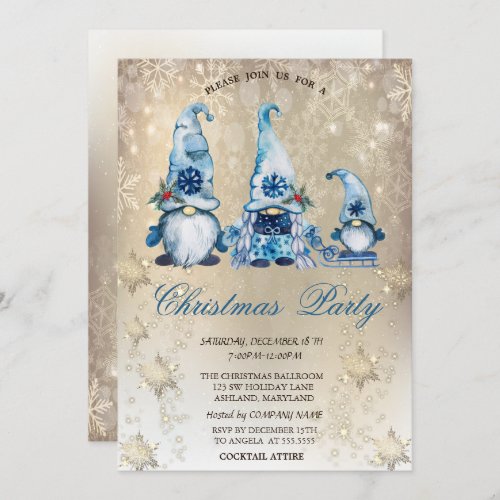 Cute Blue Gnomes Snowflakes Gold Party   Invitation