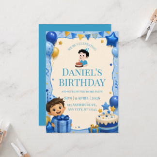 Cute Blue & Gold Boy Birthday Invitation