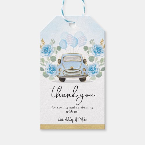 Cute Blue Gold Car Floral Adventure Baby Shower Gift Tags