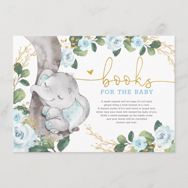 Cute Blue Gold Floral Elephant Books for Baby Enclosure Card (Front)