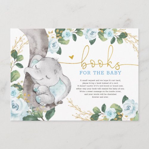 Cute Blue Gold Floral Elephant Books for Baby Enclosure Card