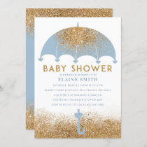 Cute Blue Gold Glitter Umbrella Baby Shower Invitation