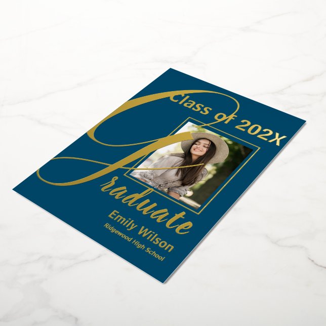 Cute Blue Gold Photo 2024 Graduate Announcement (Rotated)