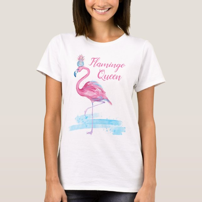 Cute Blue Gold Pineapple Crown Queen Pink Flamingo T-Shirt (Front)